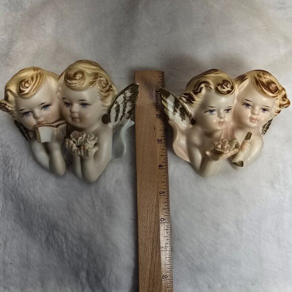 Set of 2 Vintage Sanmyro Double Angels Cherubs Japan Hand Painted Porcelain - Picture 6 of 9